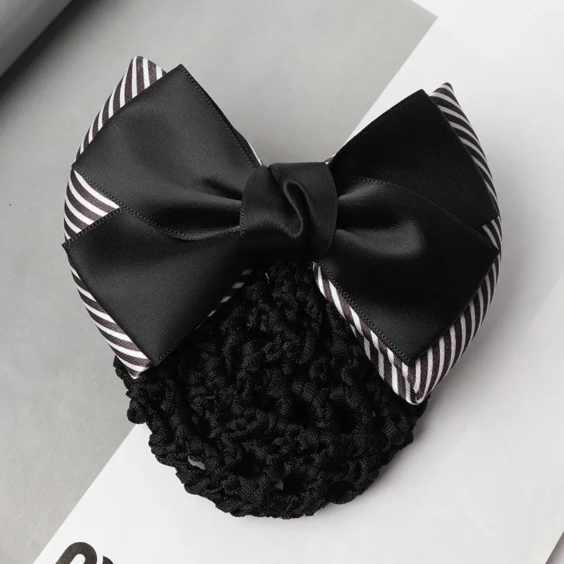 Professional hair clip ornament with a bow and net design on a hair net bag.