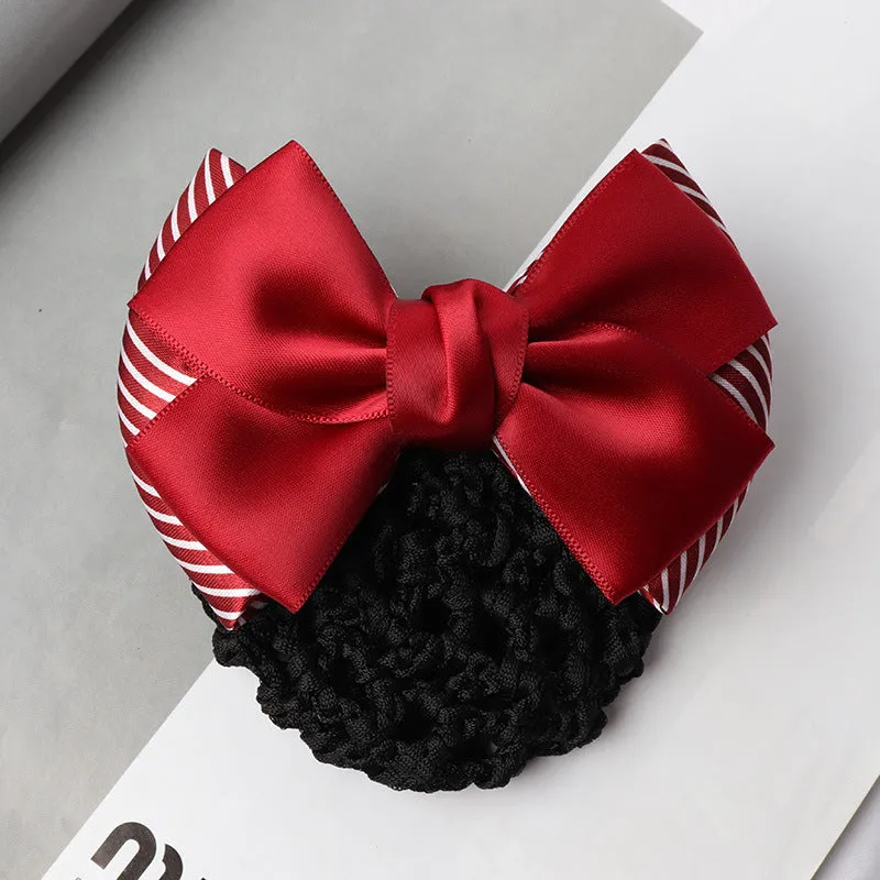 Professional hair clip ornament with a bow and net design on a hair net bag.
