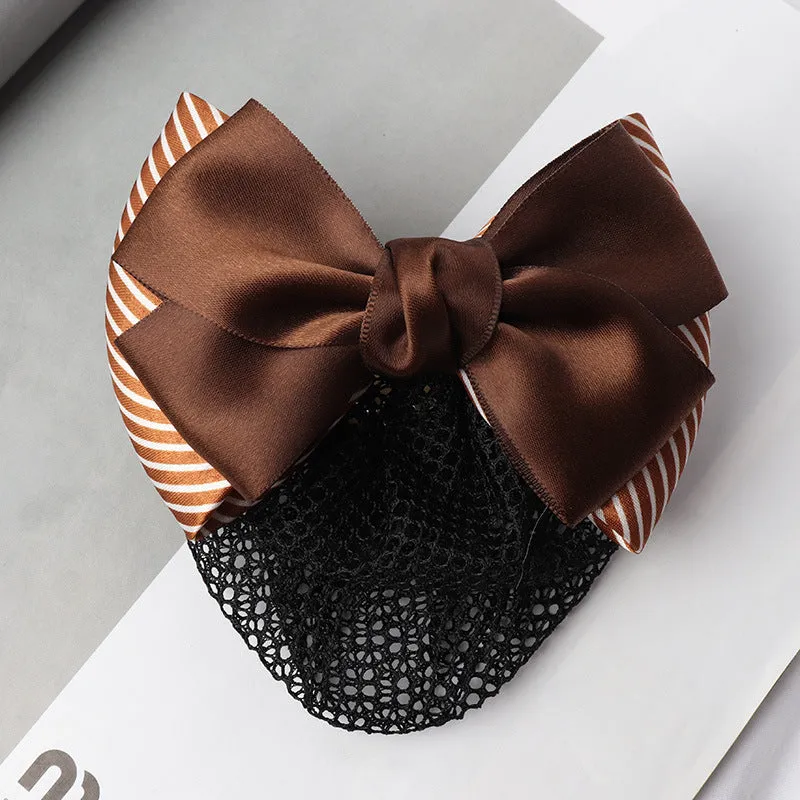 Professional hair clip ornament with a bow and net design on a hair net bag.