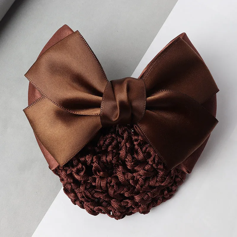 Professional hair clip ornament with a bow and net design on a hair net bag.