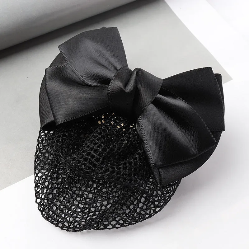 Professional hair clip ornament with a bow and net design on a hair net bag.