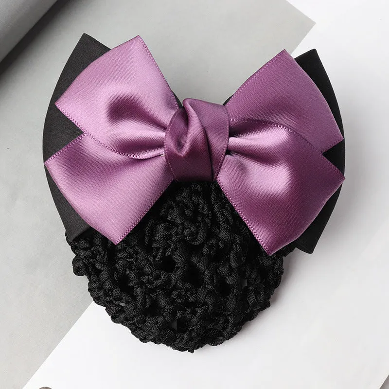 Professional hair clip ornament with a bow and net design on a hair net bag.