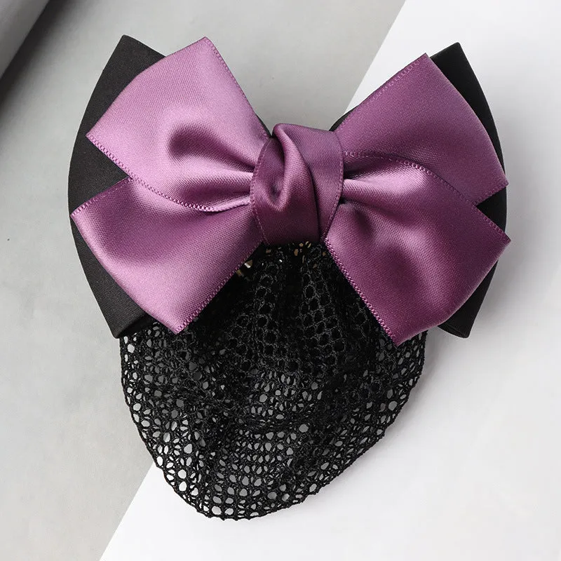 Professional hair clip ornament with a bow and net design on a hair net bag.