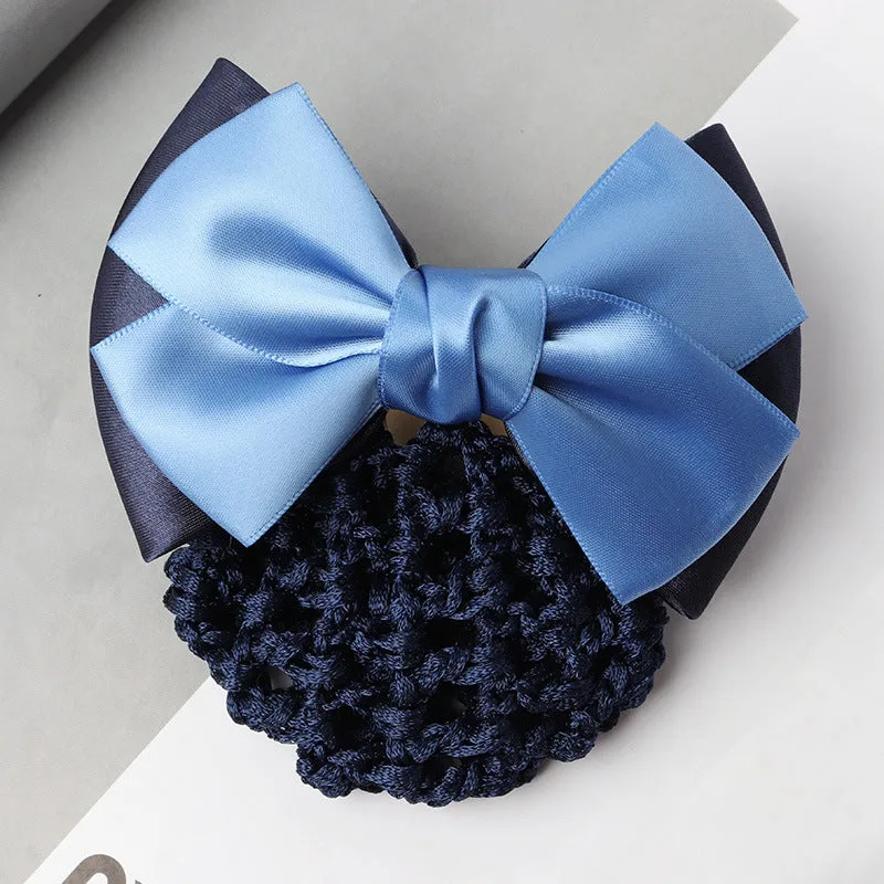 Professional hair clip ornament with a bow and net design on a hair net bag.