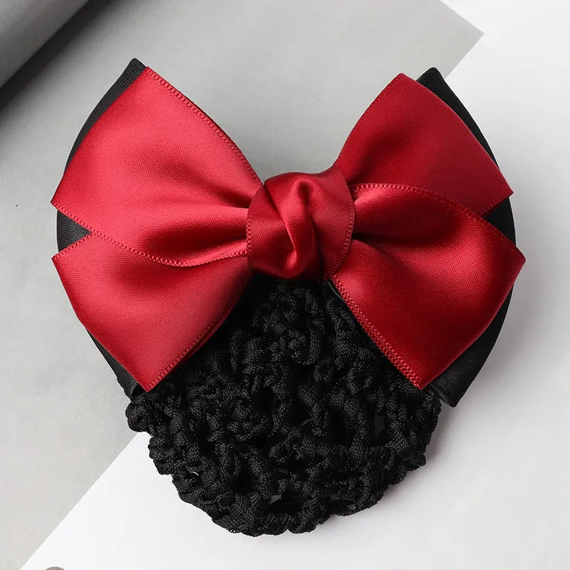 Professional hair clip ornament with a bow and net design on a hair net bag.