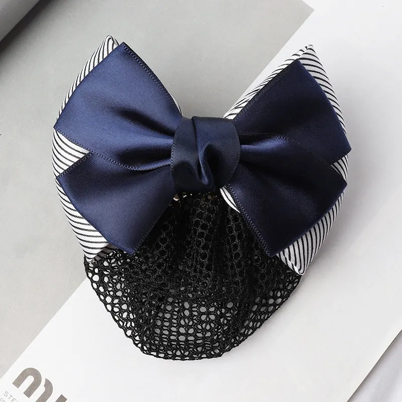 Professional hair clip ornament with a bow and net design on a hair net bag.