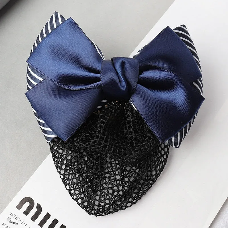 Professional hair clip ornament with a bow and net design on a hair net bag.