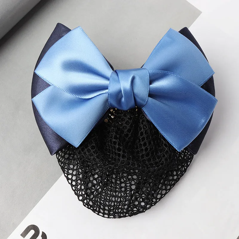 Professional hair clip ornament with a bow and net design on a hair net bag.