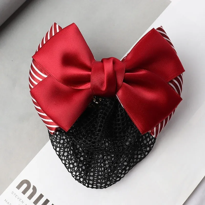 Professional hair clip ornament with a bow and net design on a hair net bag.