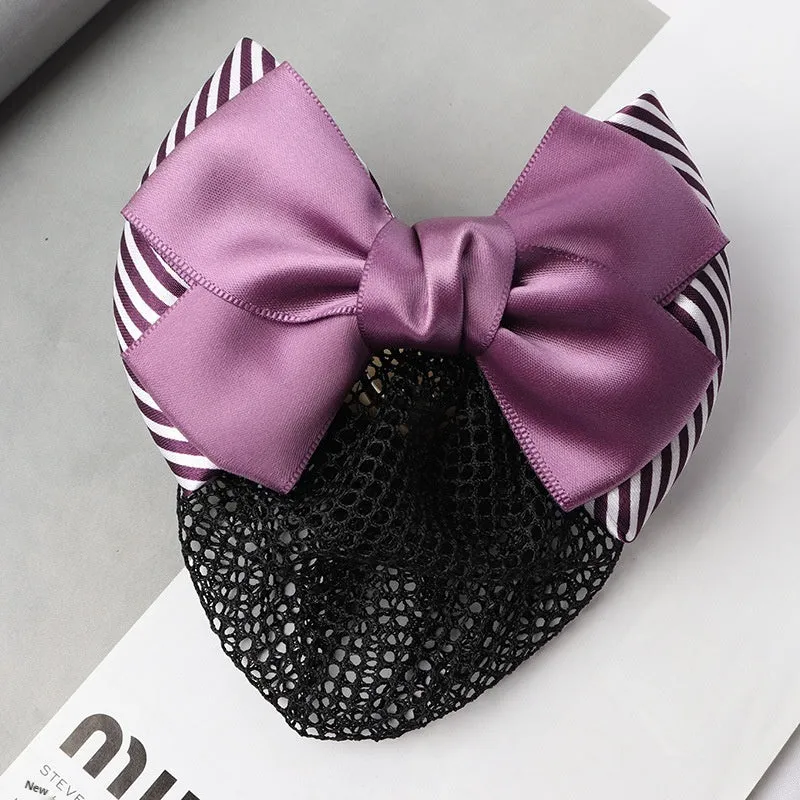 Professional hair clip ornament with a bow and net design on a hair net bag.