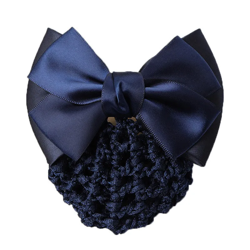 Professional hair clip ornament with a bow and net design on a hair net bag.