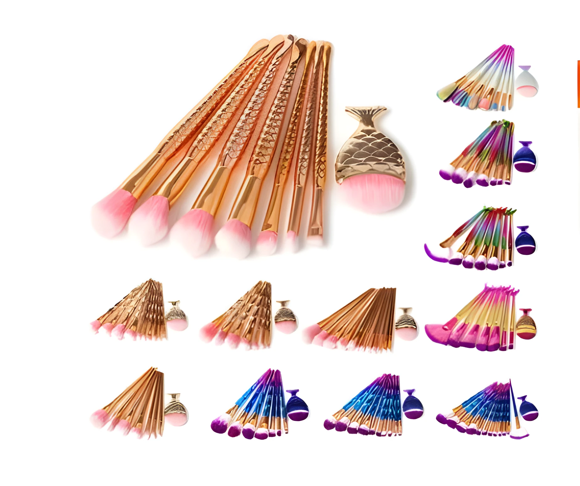 12 piece makeup brush set with nylon bristles, plastic long rod handles, mermaid and diamond design in rose gold