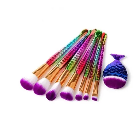 12 piece makeup brush set with nylon bristles, plastic long rod handles, mermaid and diamond design in rose gold