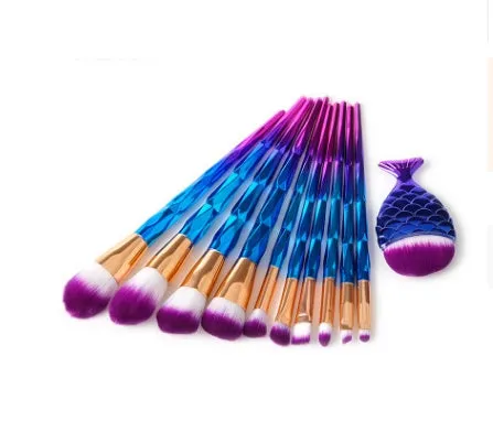 12 piece makeup brush set with nylon bristles, plastic long rod handles, mermaid and diamond design in rose gold