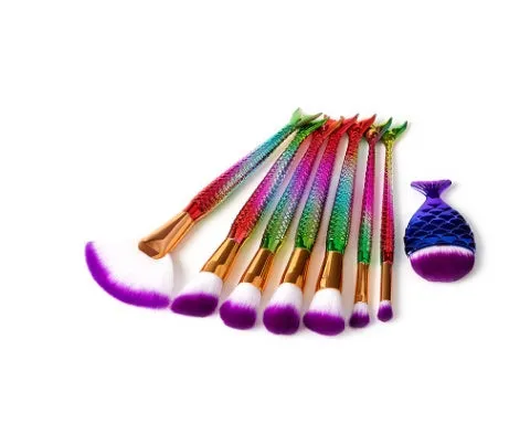 12 piece makeup brush set with nylon bristles, plastic long rod handles, mermaid and diamond design in rose gold