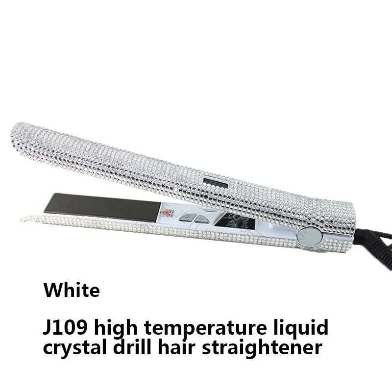 Electric hair straightener with diamond-studded plates and tourmaline ceramic heat conductor in black