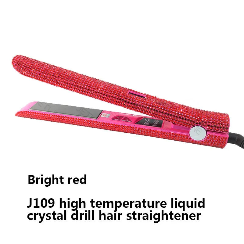 Electric hair straightener with diamond-studded plates and tourmaline ceramic heat conductor in black