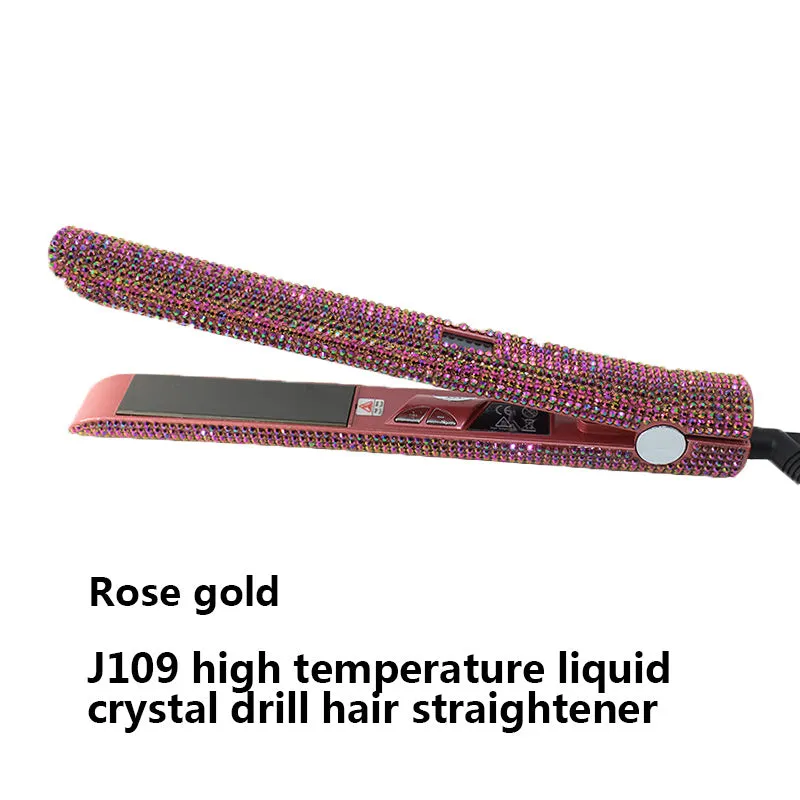 Electric hair straightener with diamond-studded plates and tourmaline ceramic heat conductor in black