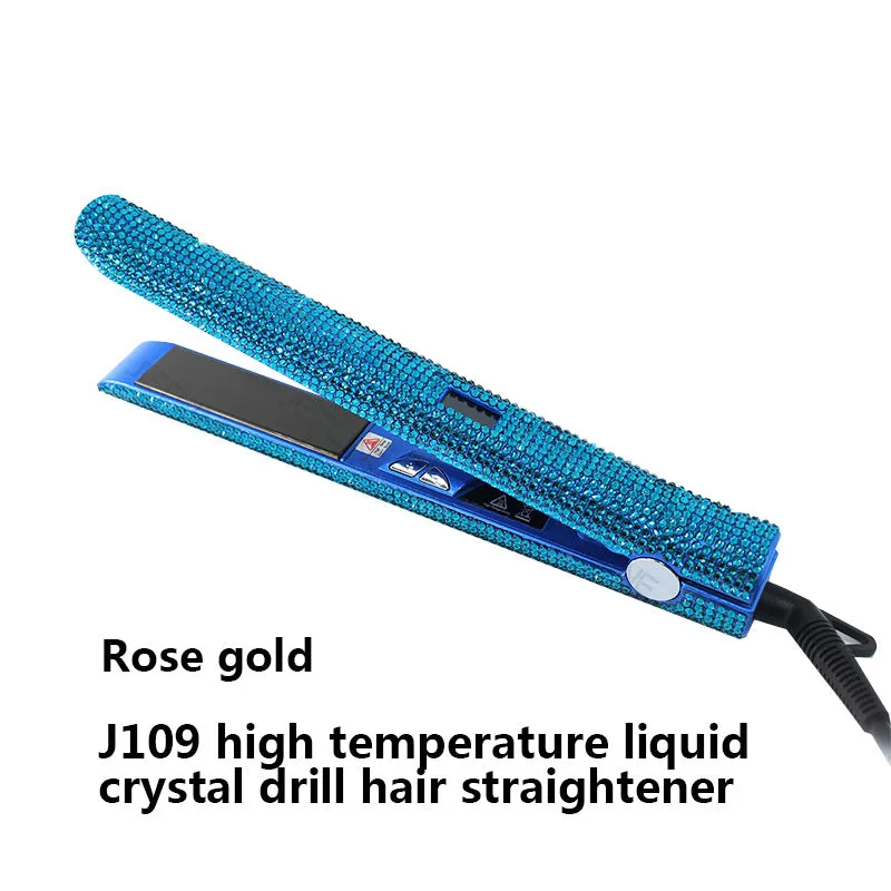 Electric hair straightener with diamond-studded plates and tourmaline ceramic heat conductor in black
