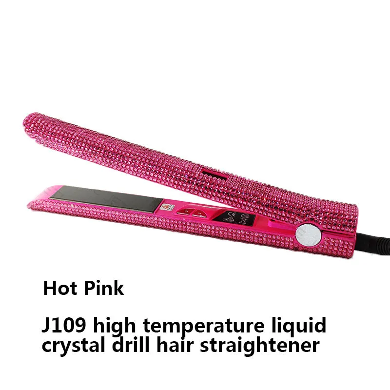 Electric hair straightener with diamond-studded plates and tourmaline ceramic heat conductor in black