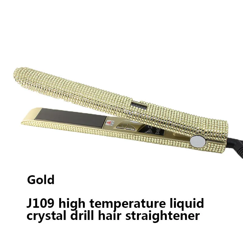 Electric hair straightener with diamond-studded plates and tourmaline ceramic heat conductor in black
