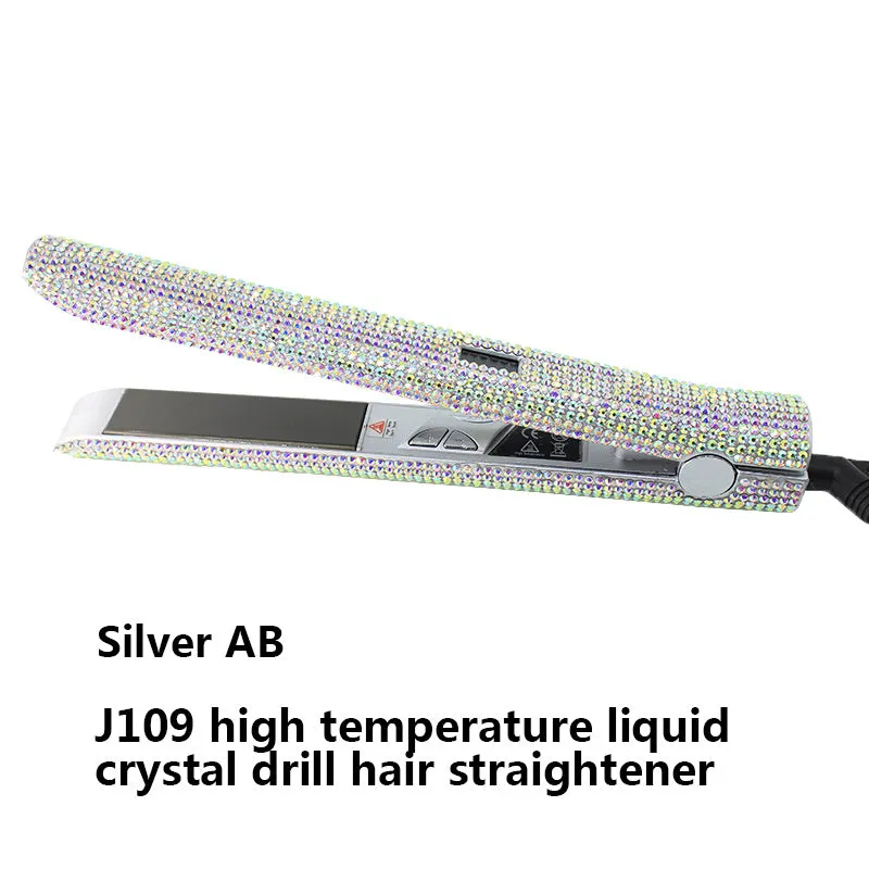 Electric hair straightener with diamond-studded plates and tourmaline ceramic heat conductor in black