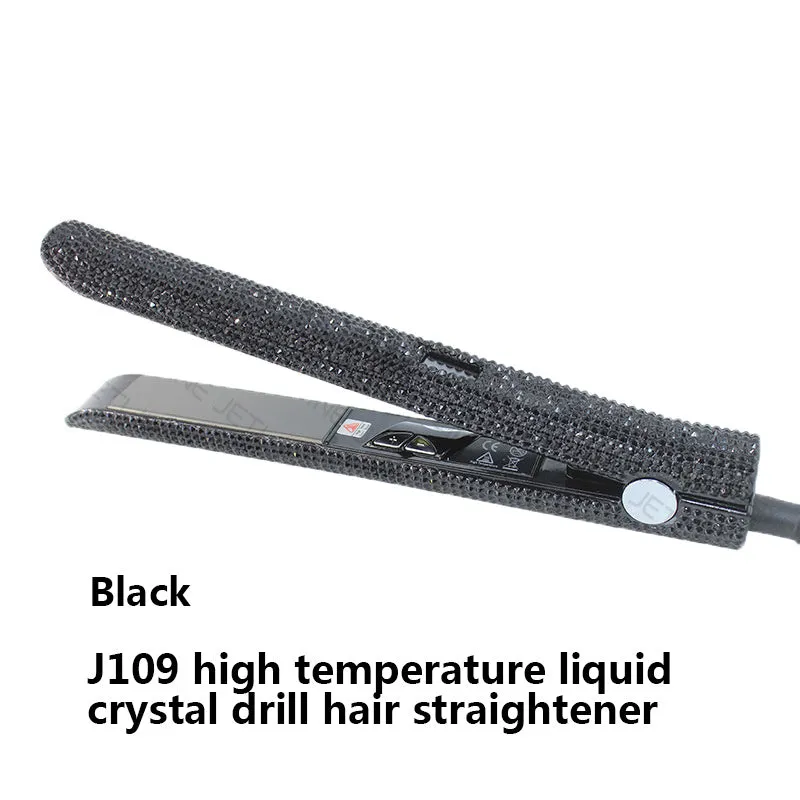 Electric hair straightener with diamond-studded plates and tourmaline ceramic heat conductor in black