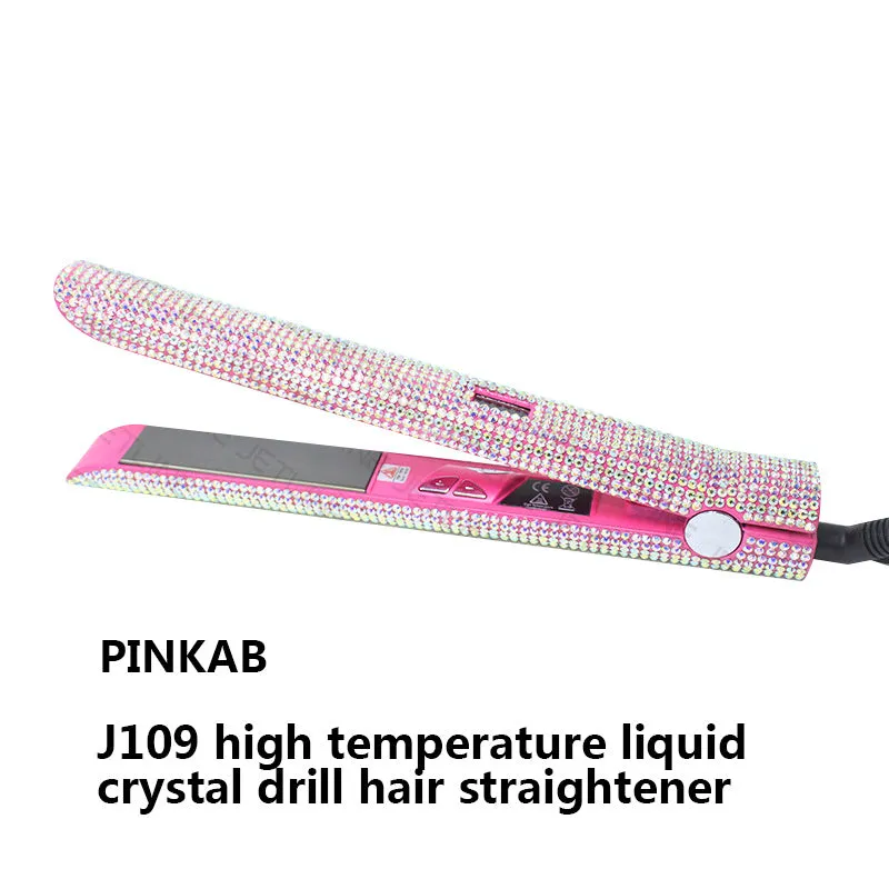 Electric hair straightener with diamond-studded plates and tourmaline ceramic heat conductor in black