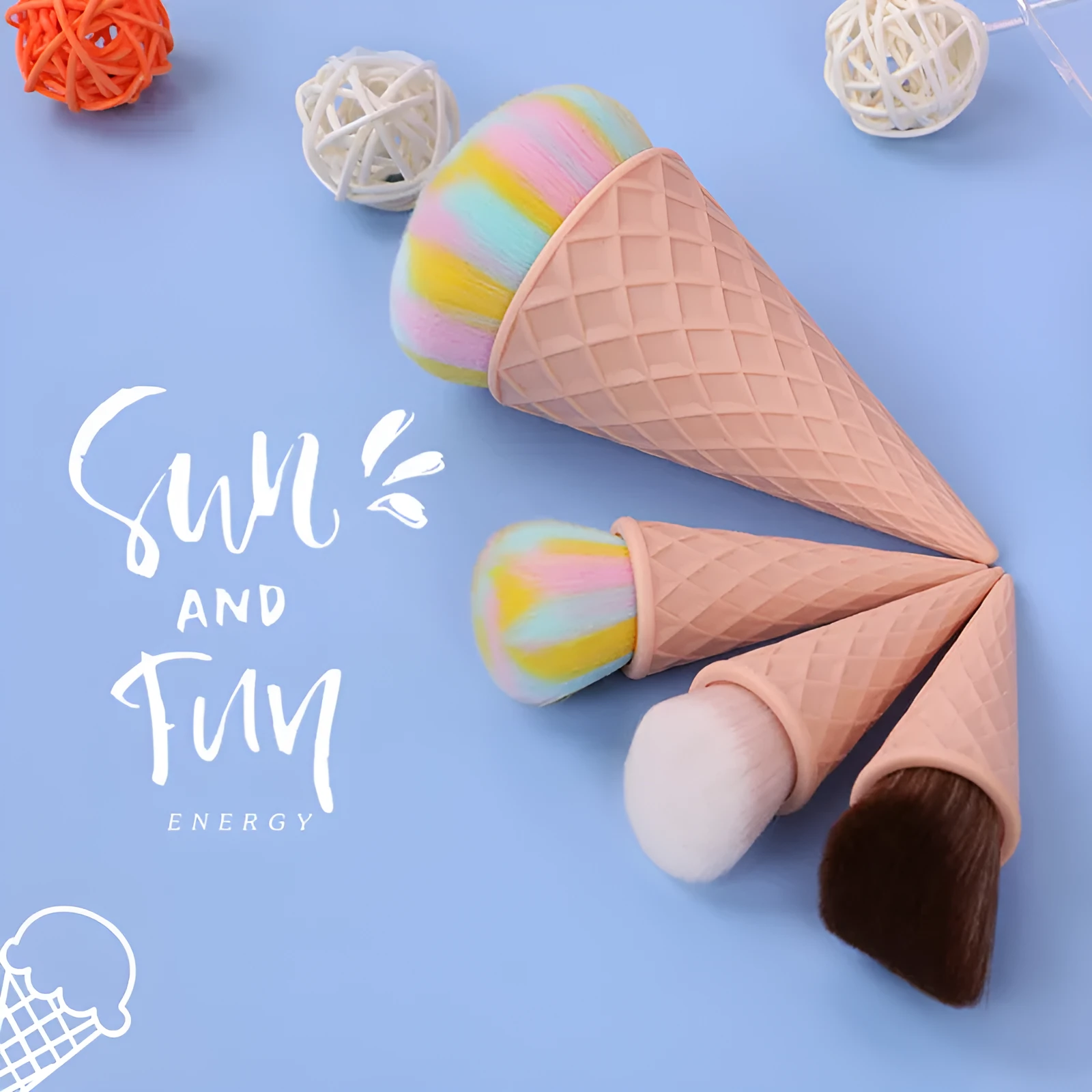 Ice cream cute fibre hair makeup brush set of 4 with artificial bristles and plastic handles in paper box