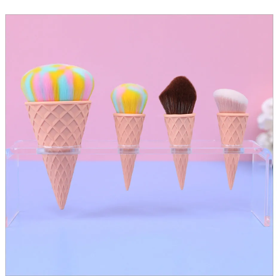 Ice cream cute fibre hair makeup brush set of 4 with artificial bristles and plastic handles in paper box