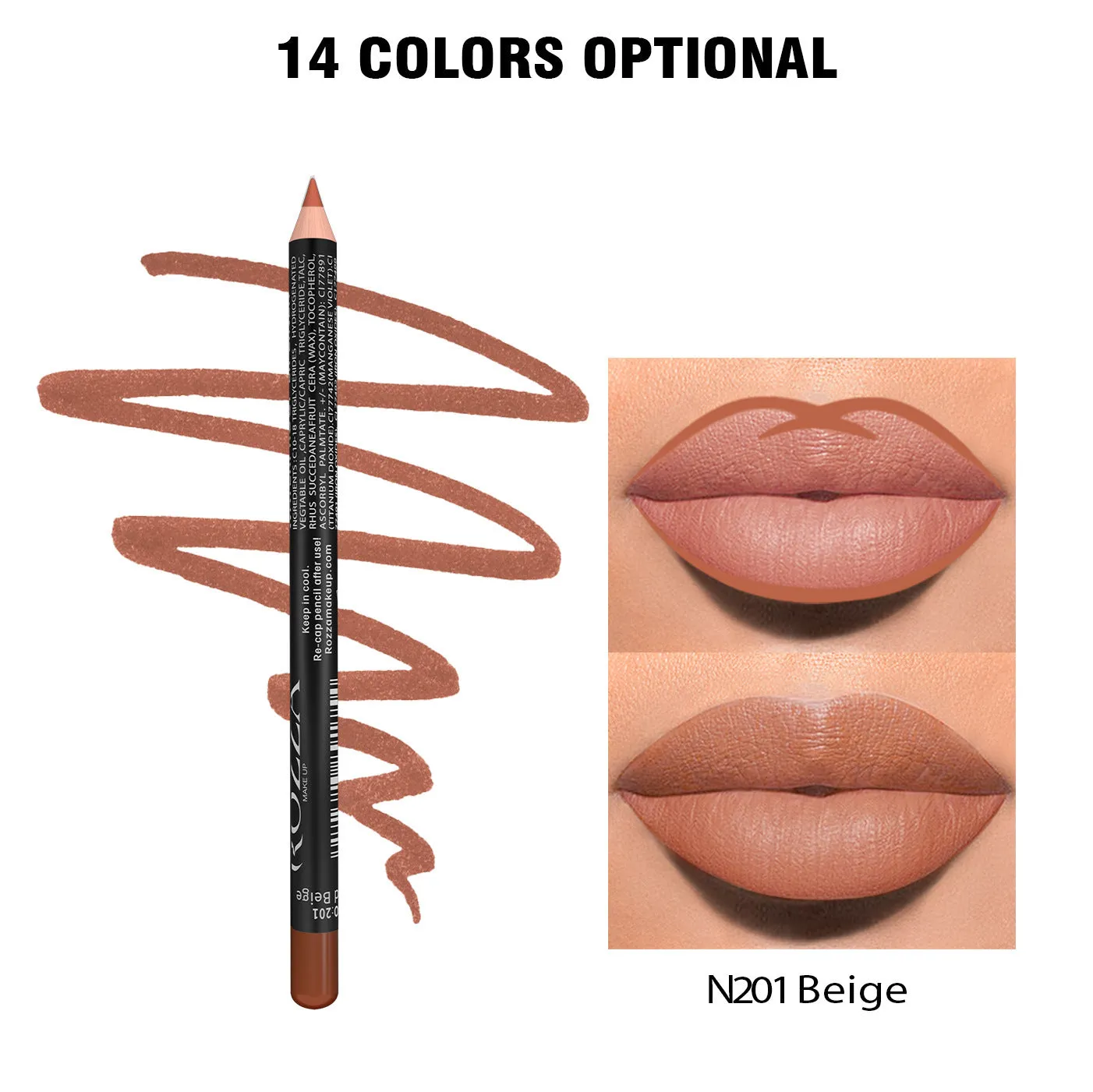 Matte wood effect lip liner pencil in 14 shades showing precise tip for application