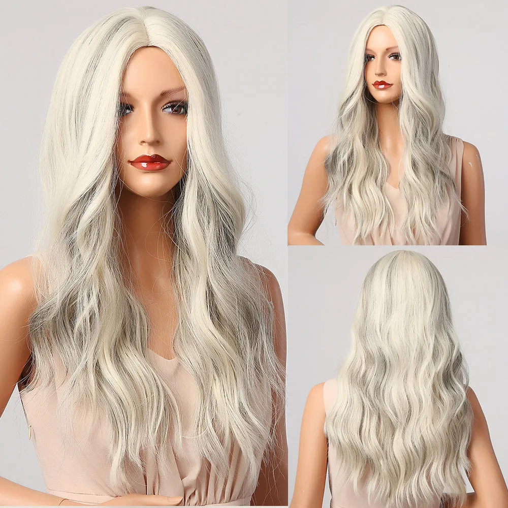 White high temperature silk wig with long medium small curls, 24 inch length, middle part bangs