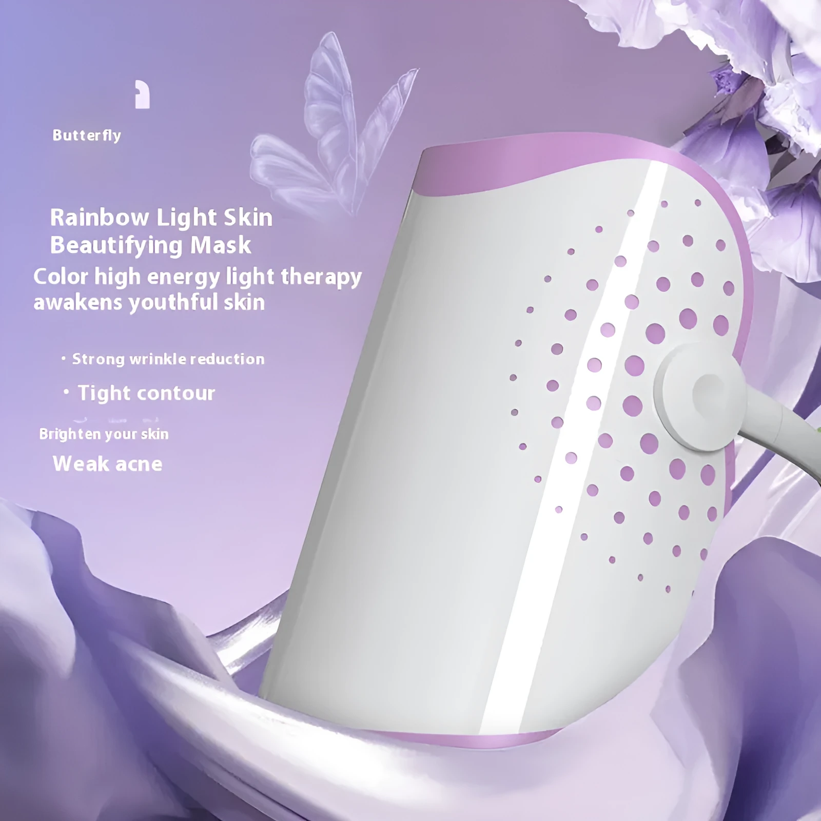 White and purple IPL photon beauty mask device with spectrometer display for home skin treatment.