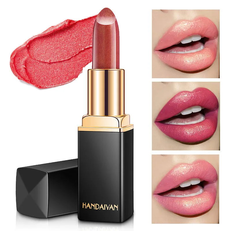 Pearlescent colour change temperature change lipstick with colour-shifting finish