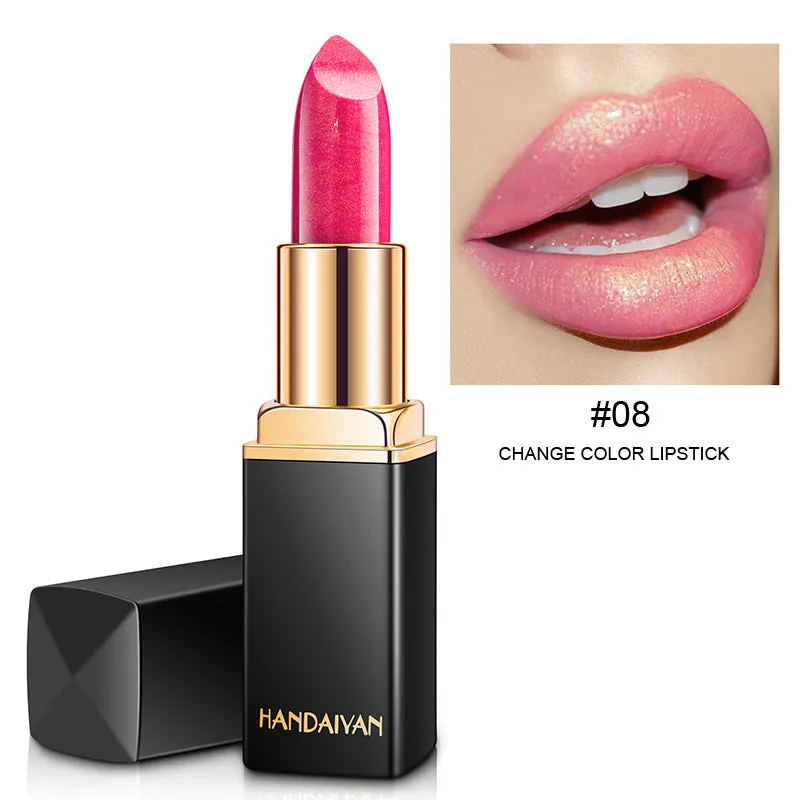 Pearlescent colour change temperature change lipstick with colour-shifting finish