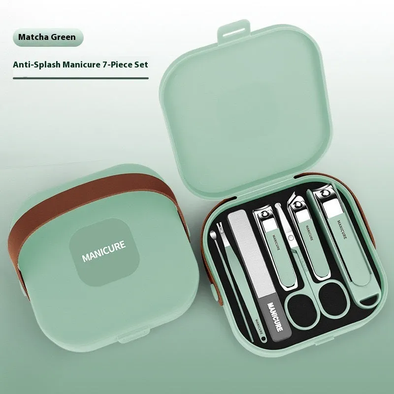 Portable household nail maintenance kit with anti-splash design showing multiple grooming tools including champagne pliers and bent nose pliers