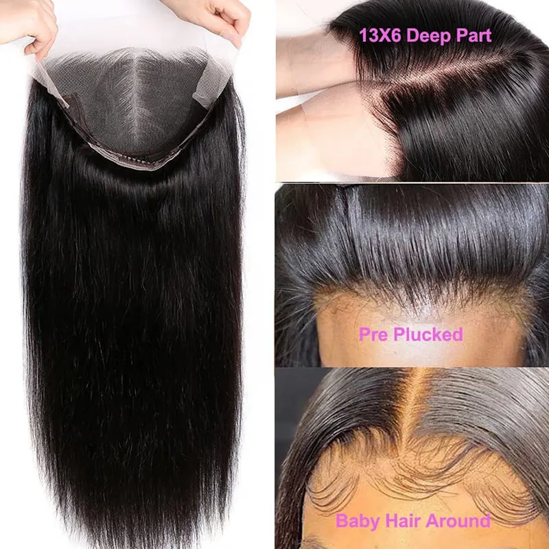 Black straight 13x6 lace front human hair wig showing natural hairline and length options