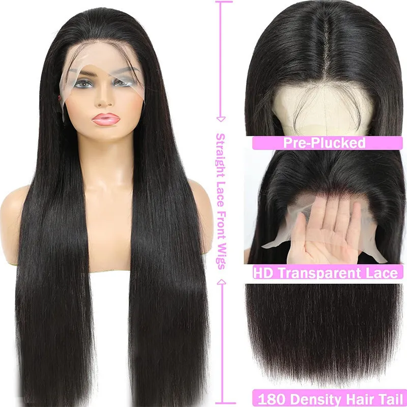 Black straight 13x6 lace front human hair wig showing natural hairline and length options