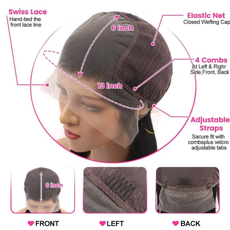 Black straight 13x6 lace front human hair wig showing natural hairline and length options