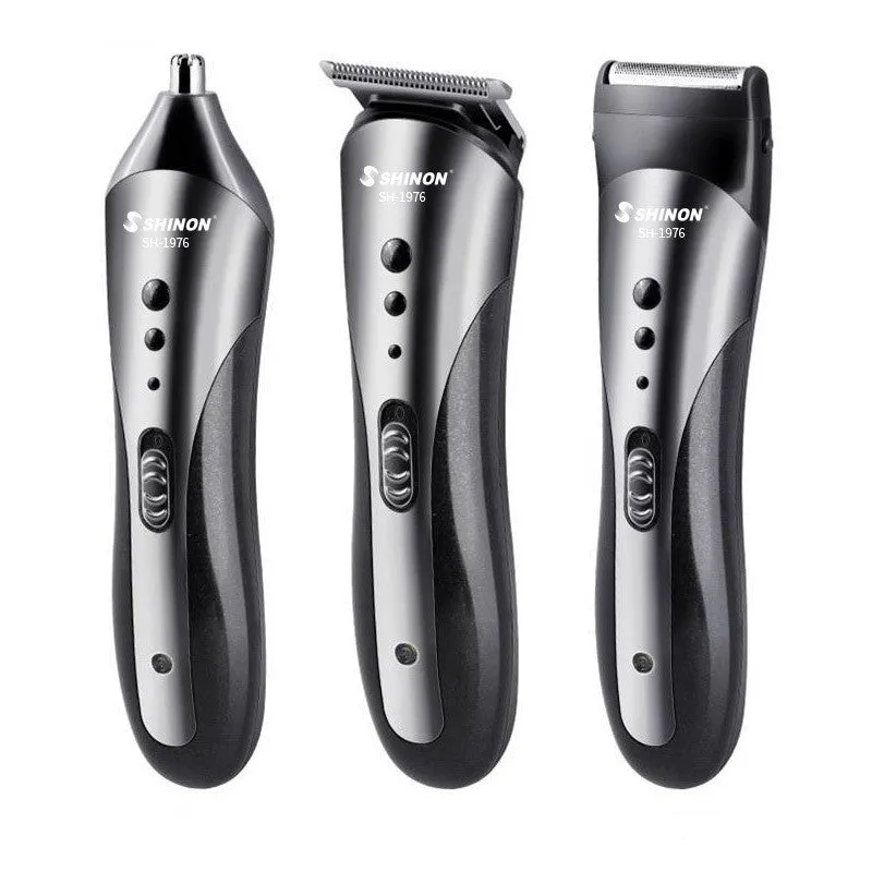 Three-in-one rechargeable men's grooming suit in compact case with attachments