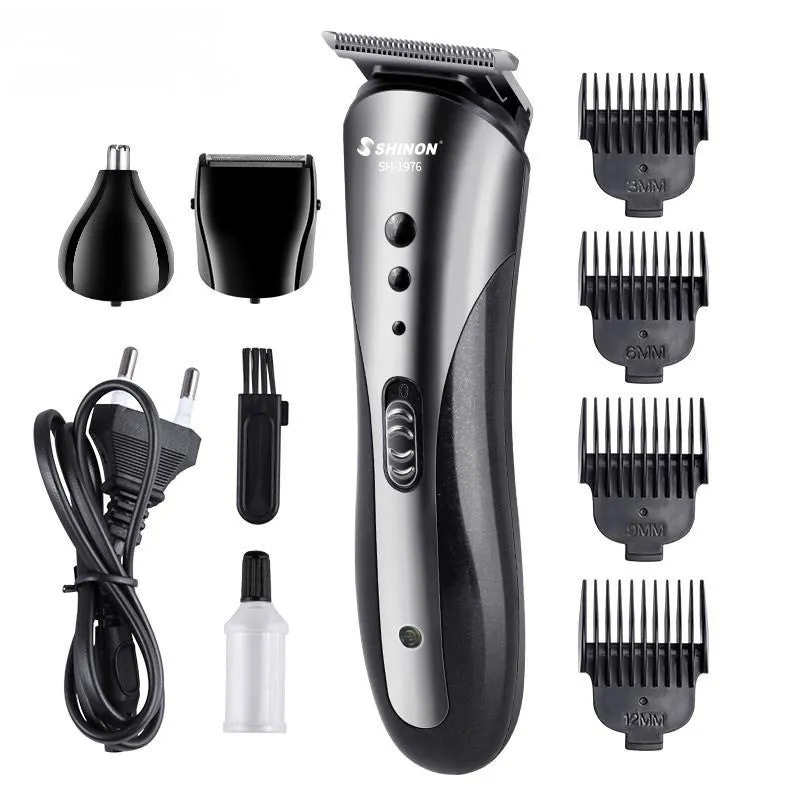 Three-in-one rechargeable men's grooming suit in compact case with attachments