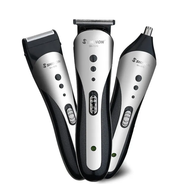 Three-in-one rechargeable men's grooming suit in compact case with attachments