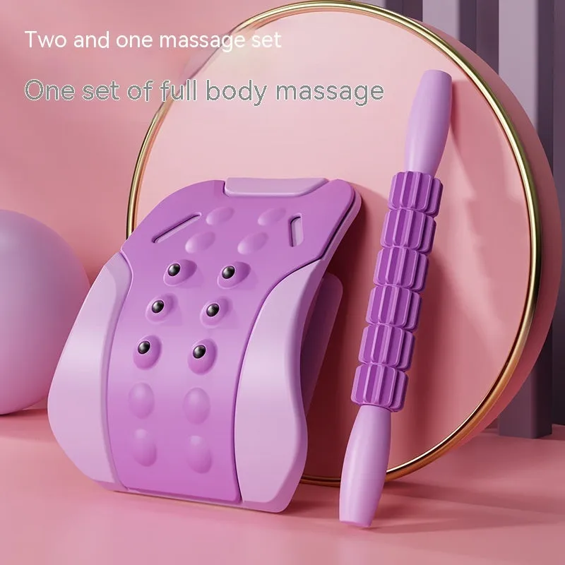 Lumbar traction tensioner in pink PP and EVA construction for yoga and fitness back stretching
