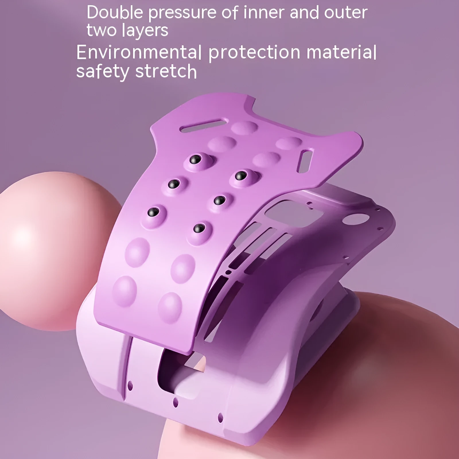 Lumbar traction tensioner in pink PP and EVA construction for yoga and fitness back stretching