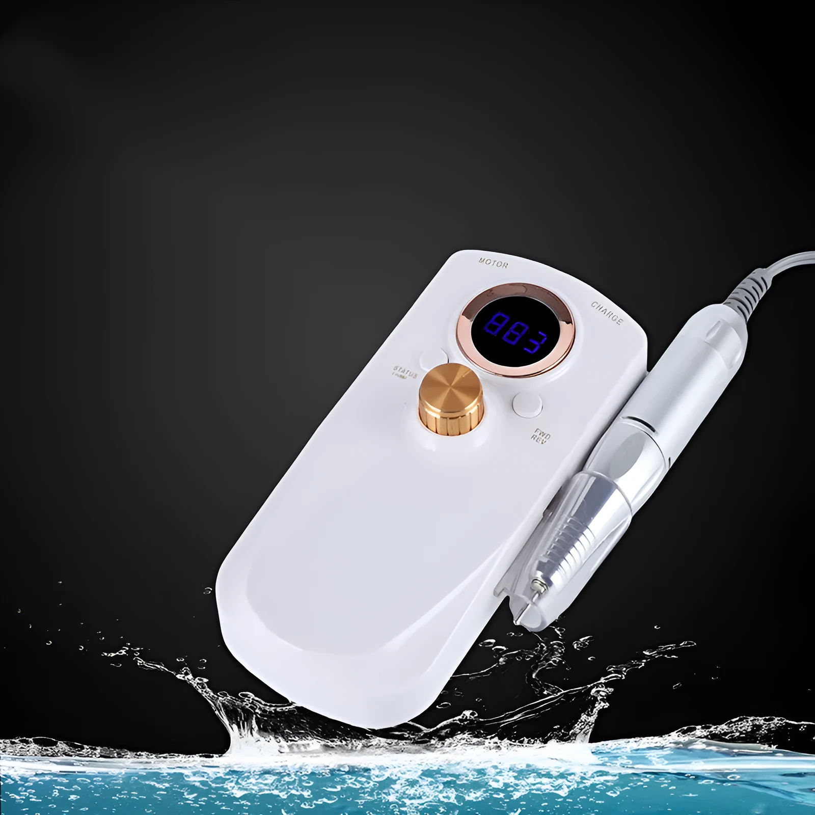 White rechargeable nail polisher with acrylic body, low noise control buttons, and EU plug for portable at-home nail grooming