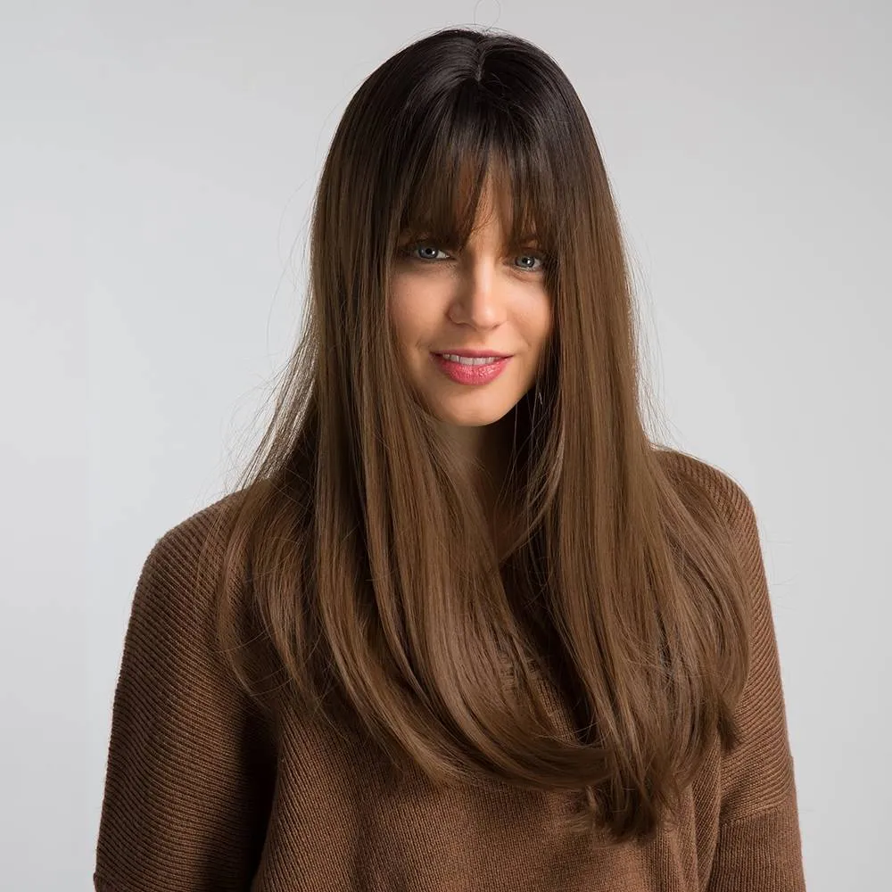 Women's long straight wig with Qi bangs in black gradient brown on a mannequin head