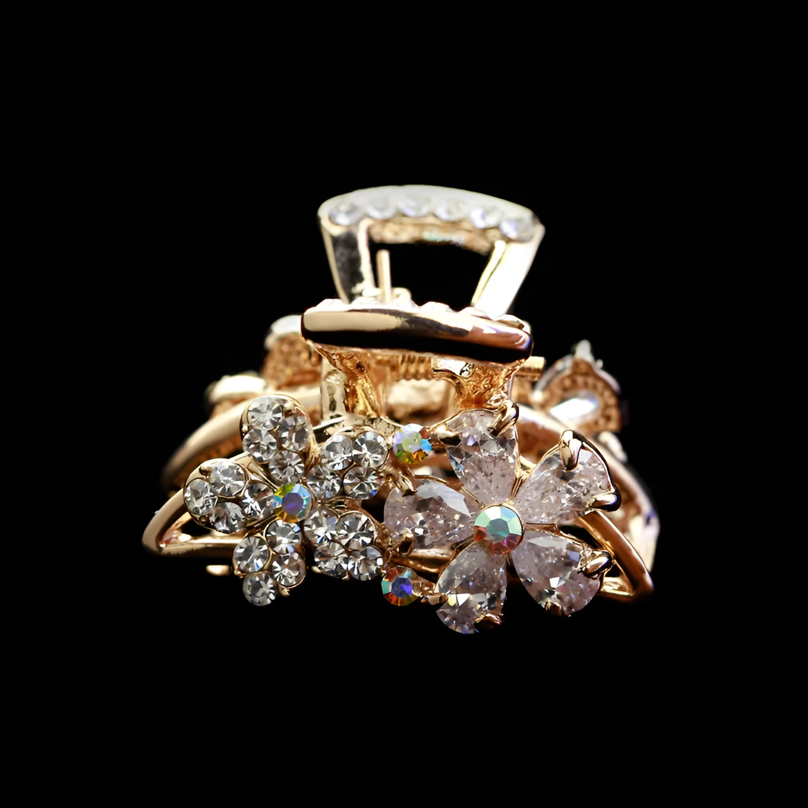 Long Run Blue hair clamp with flowers and rhinestones in champagne colour on white background
