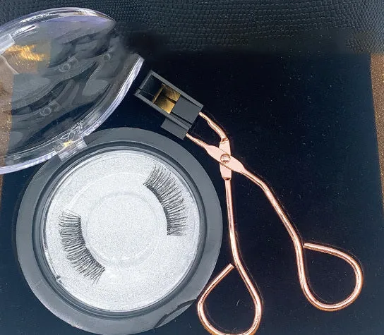 Magnetic false eyelash set with soft and hard lashes, magnetic iron clip, and eyelash curler on white background