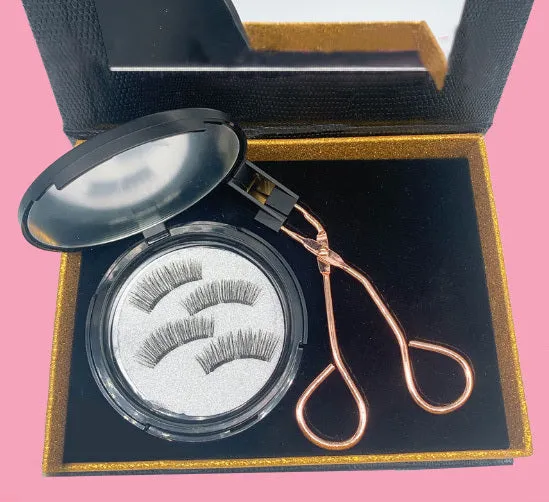 Magnetic false eyelash set with soft and hard lashes, magnetic iron clip, and eyelash curler on white background