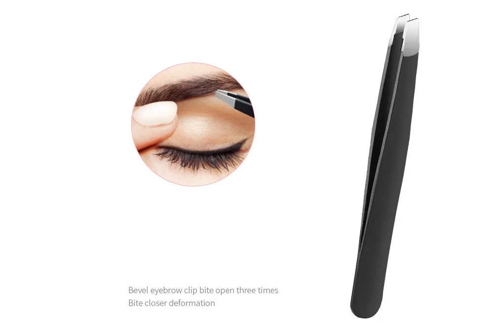 Black eyebrow trimmer set with stainless steel blade and compact 14x10x2cm size on a plain background.